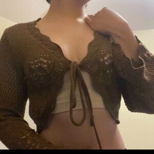 Brown Crochet Tie-Front Cardigan